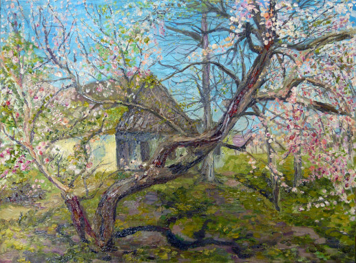 Картина «Мазанка, весна» — холст, масло, живопись